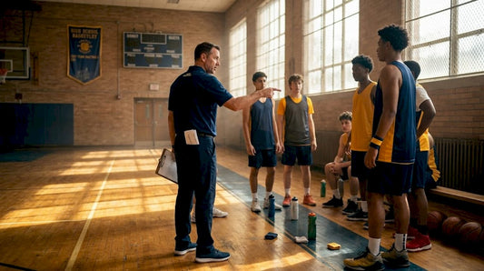 Coach instructs team on early offense in gym