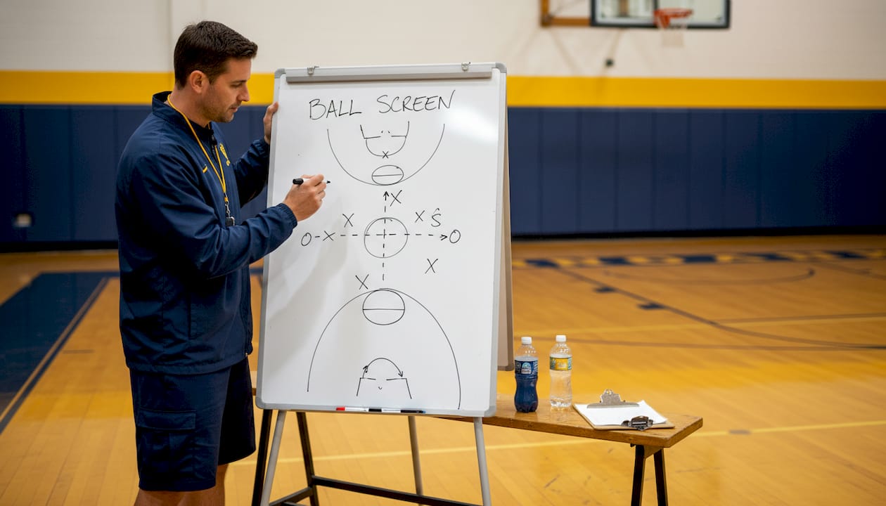 Coach drawing Euro ball screen on whiteboard