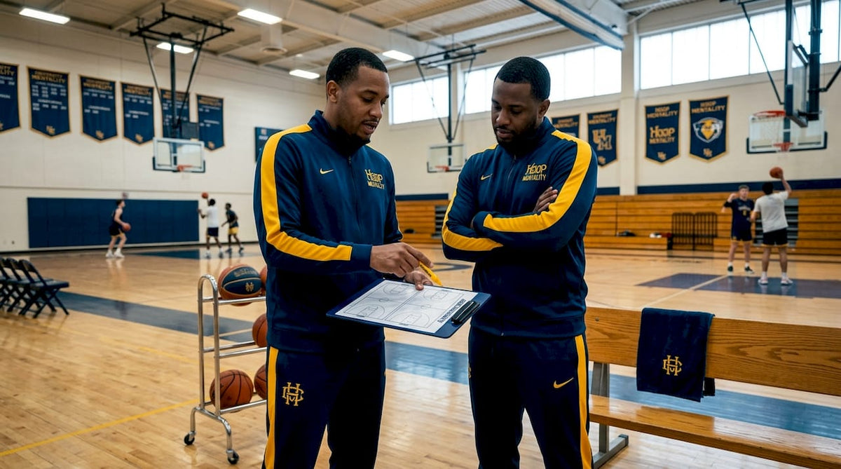 Coaches reviewing defensive strategy on basketball court