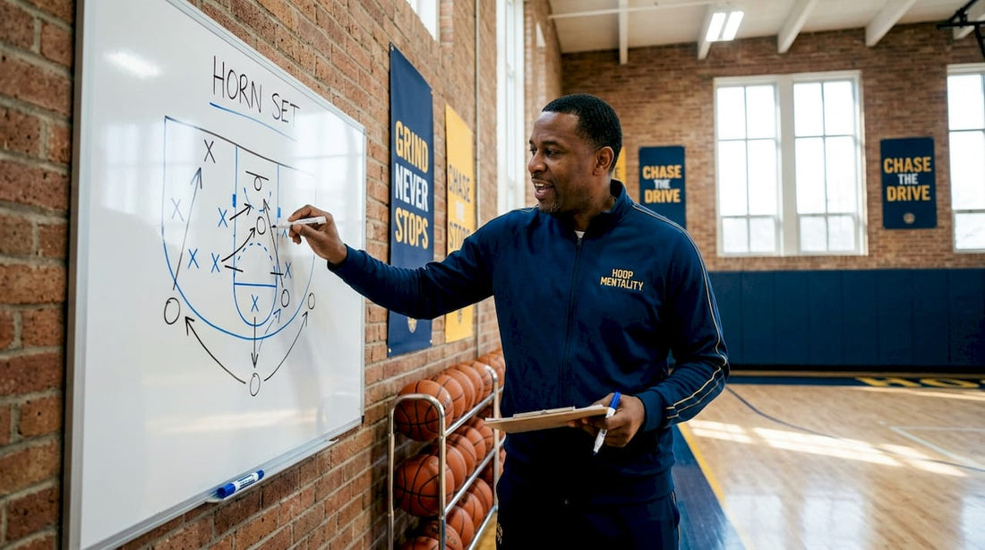 Coach drawing basketball horn set diagram