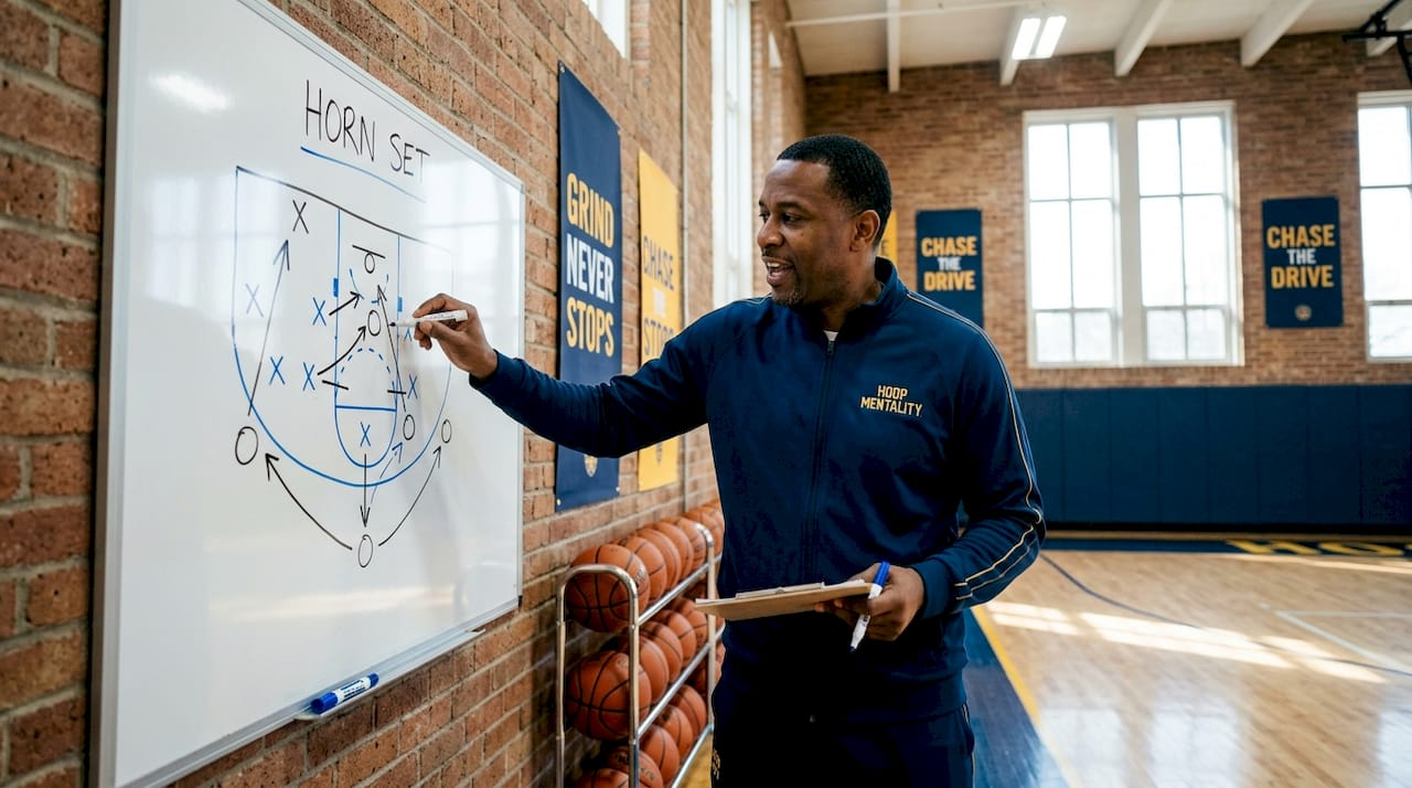 Coach drawing basketball horn set diagram
