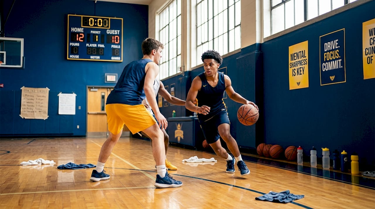 Players practice high ball screen in gym setting