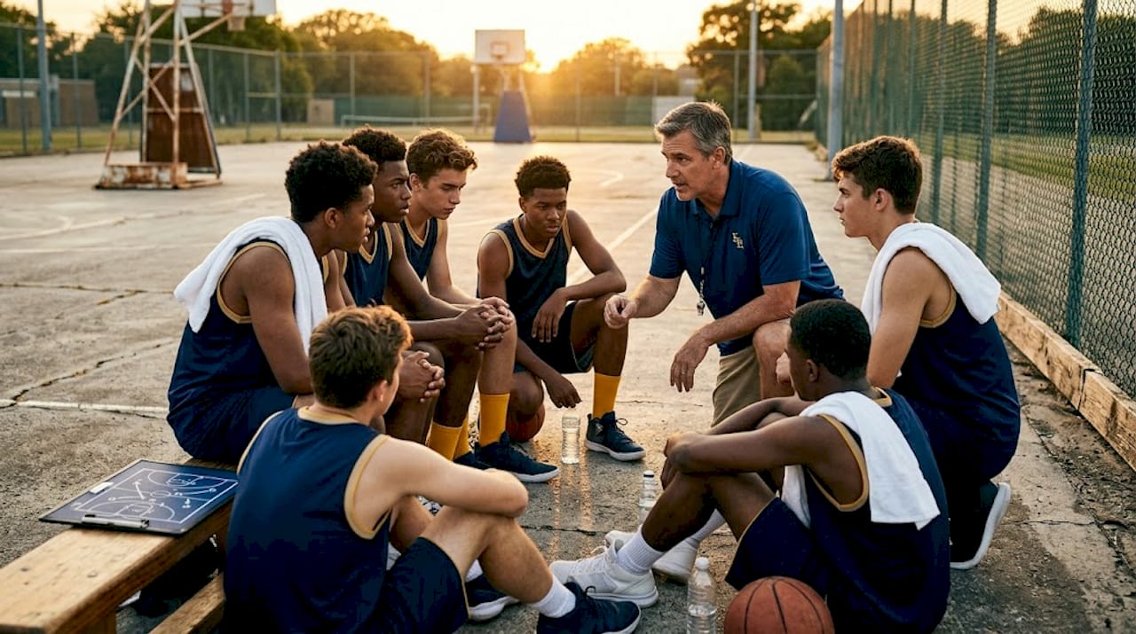 Basketball coach leads team huddle in gym