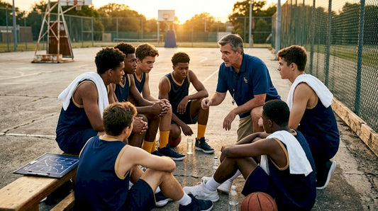 Basketball coach leads team huddle in gym