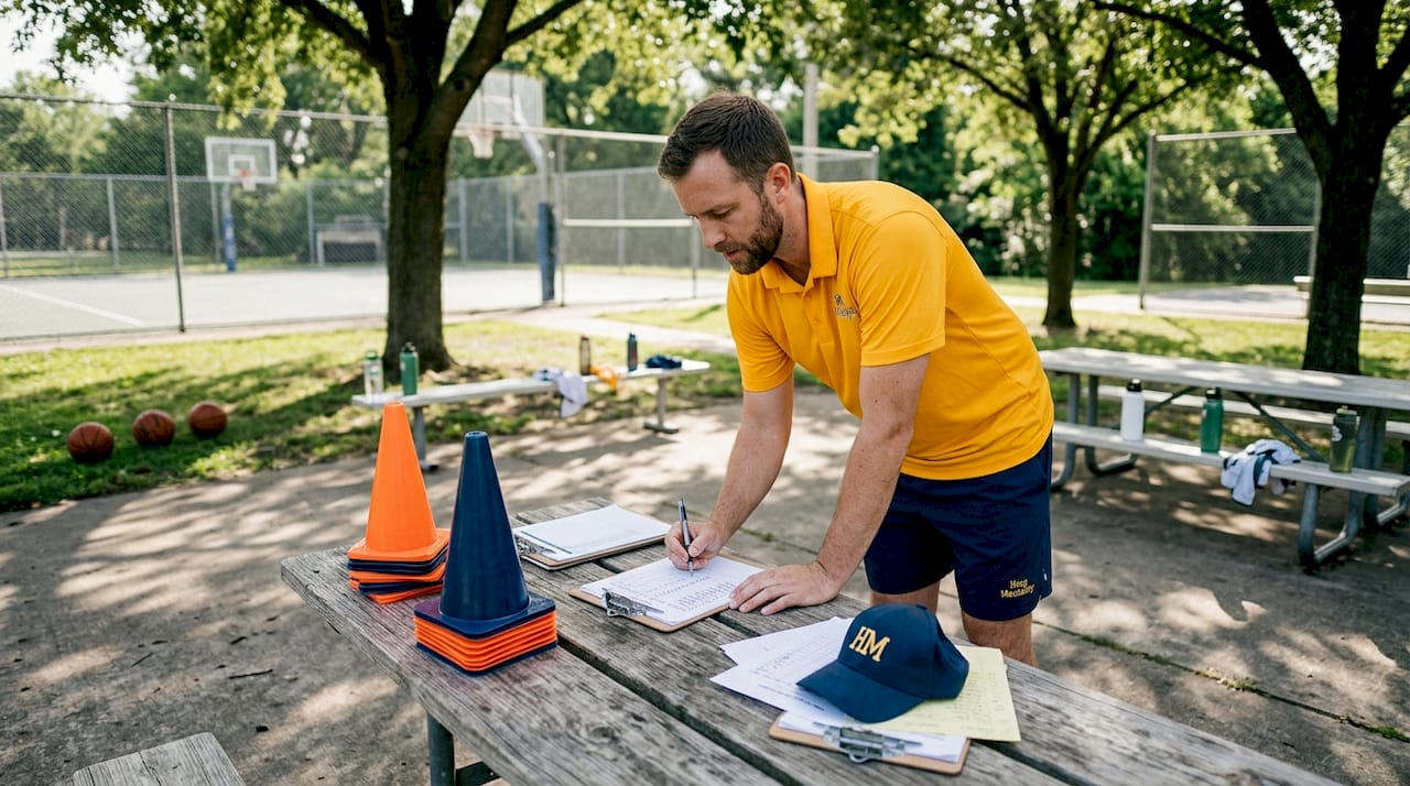 Assistant coach organizing practice courtside