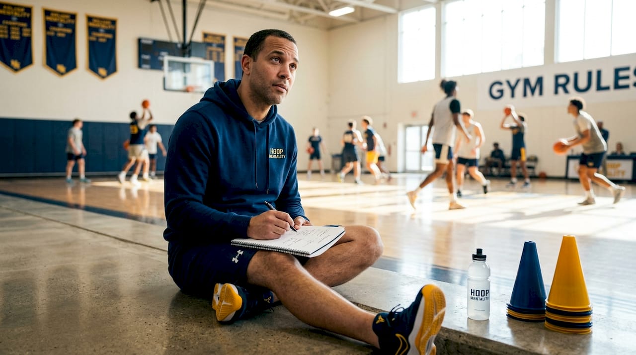 College basketball coach planning on gym bleachers
