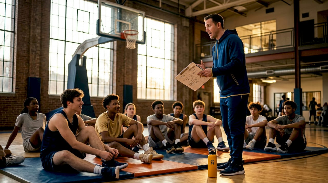 Basketball coach addressing players in locker room