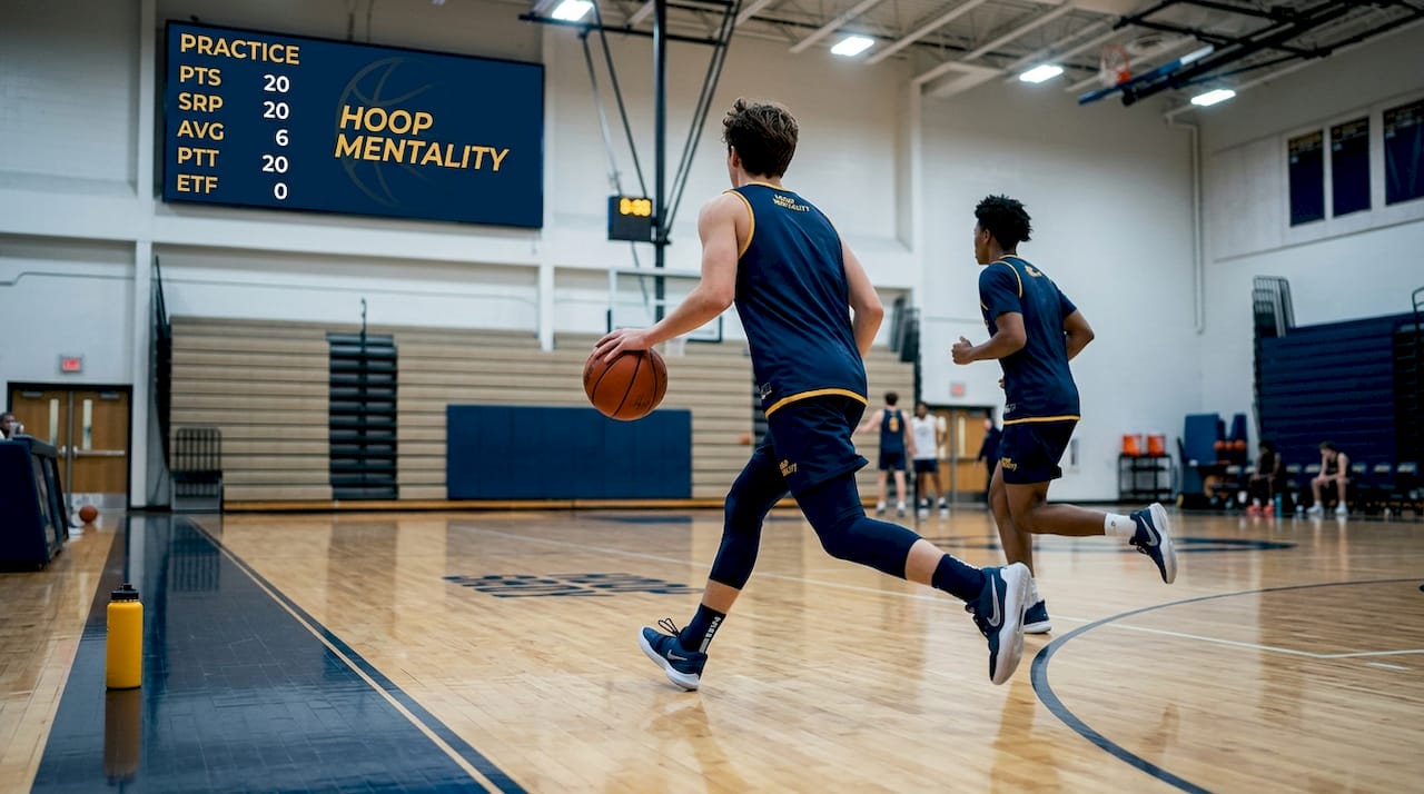 Basketball player dribbling on gym court