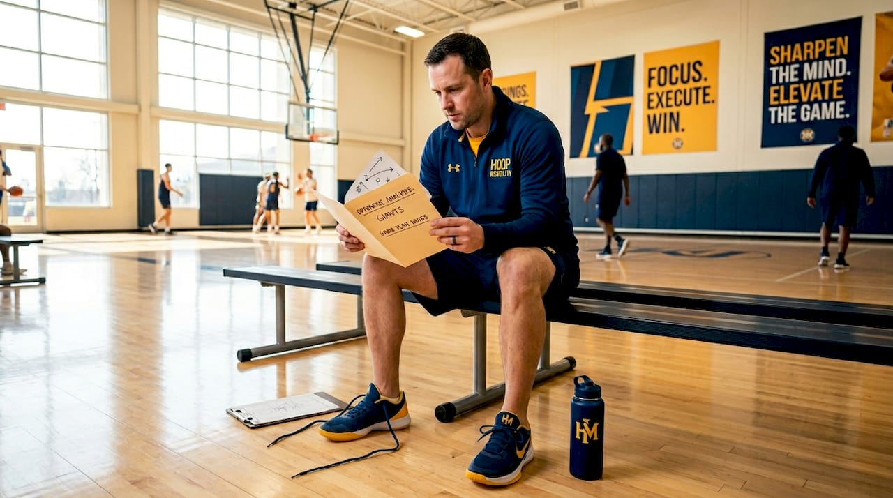 Basketball scout reading report in locker room