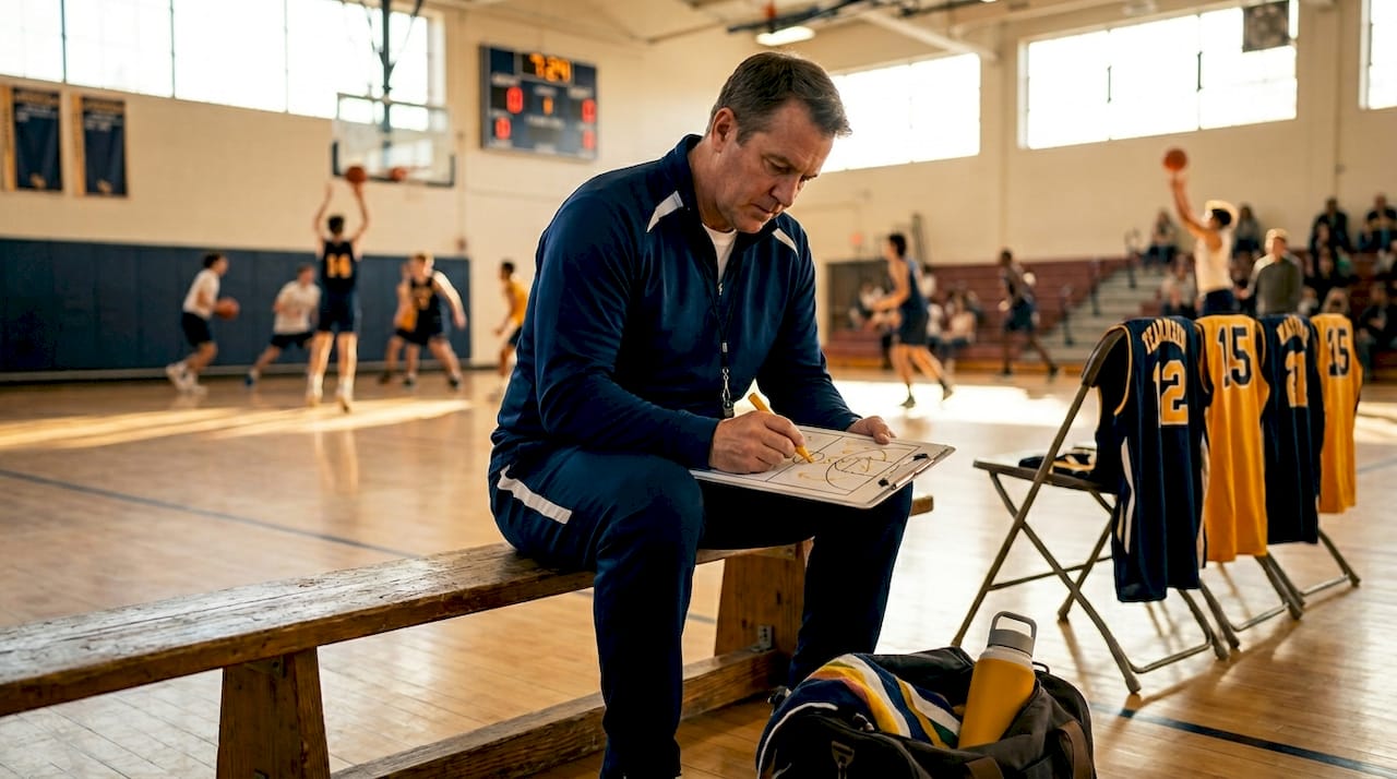 Basketball coach sketching drills on clipboard