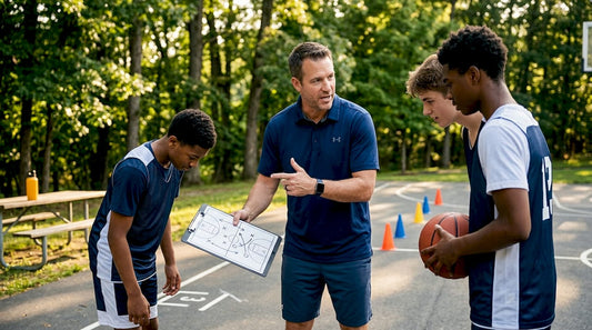 Coach teaching dribble handoff on gym court