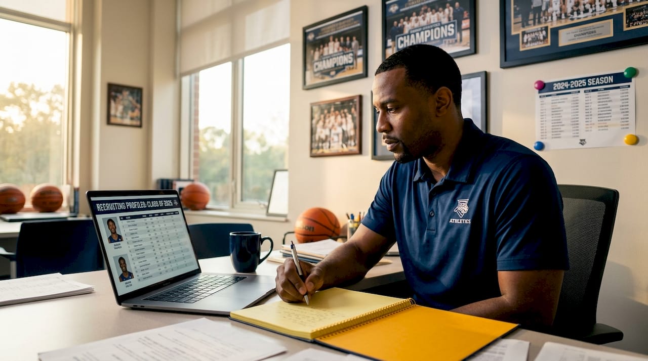 Assistant coach reviewing recruiting profiles at desk
