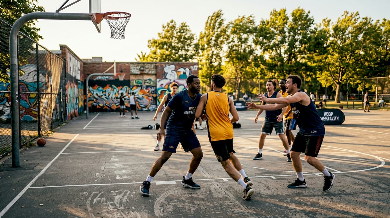 Basketball player sets off-ball screen in gym