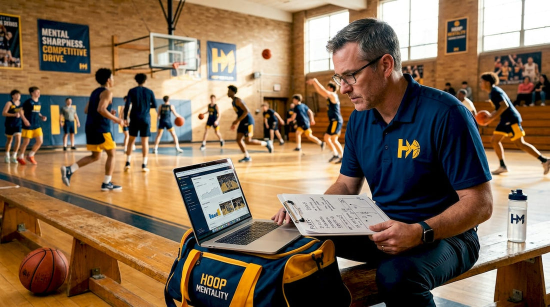Basketball coach reviewing scouting notes in gym