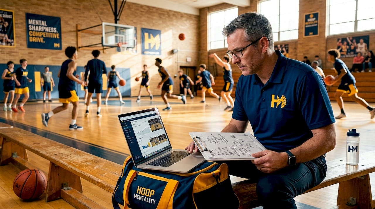 Basketball coach reviewing scouting notes in gym