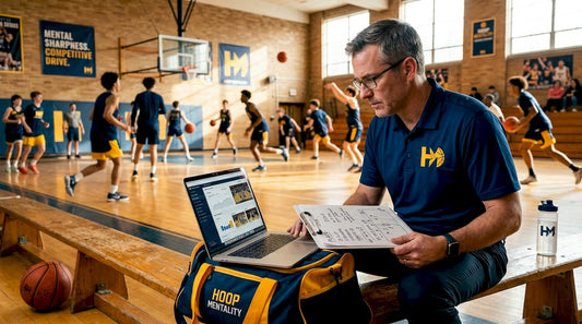 Basketball coach reviewing scouting notes in gym