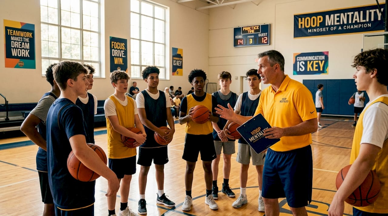 Coach directing basketball communication drill with players