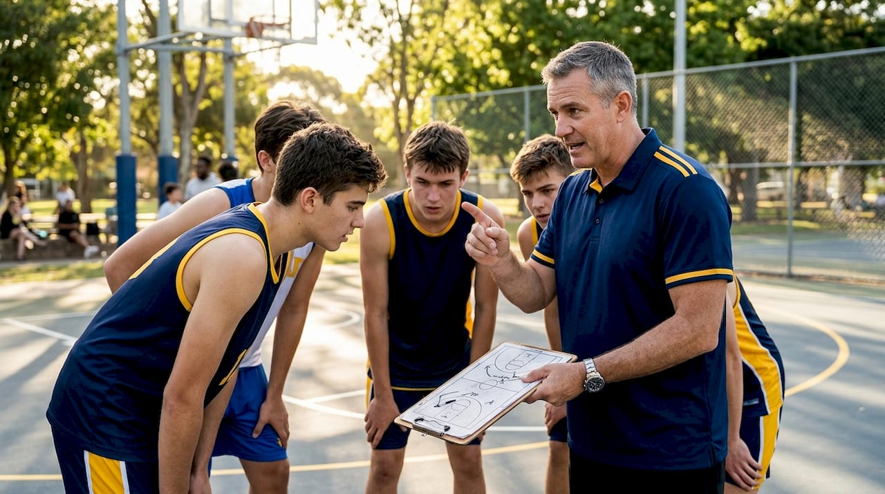 Basketball coach giving team instructions during timeout