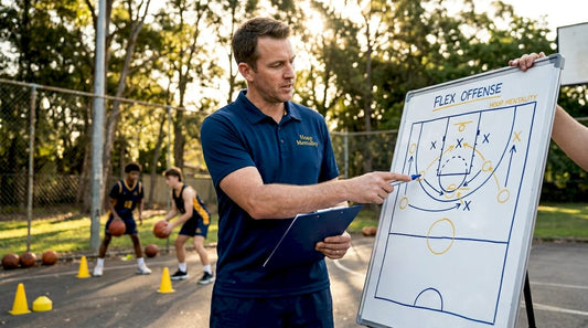 Basketball coach explaining flex offense play