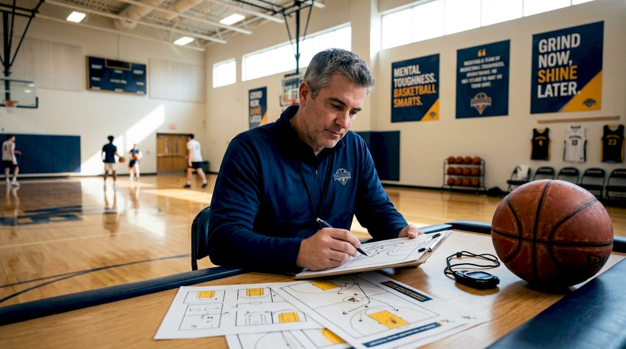 Basketball coach reviewing play diagrams at gym scorer's table