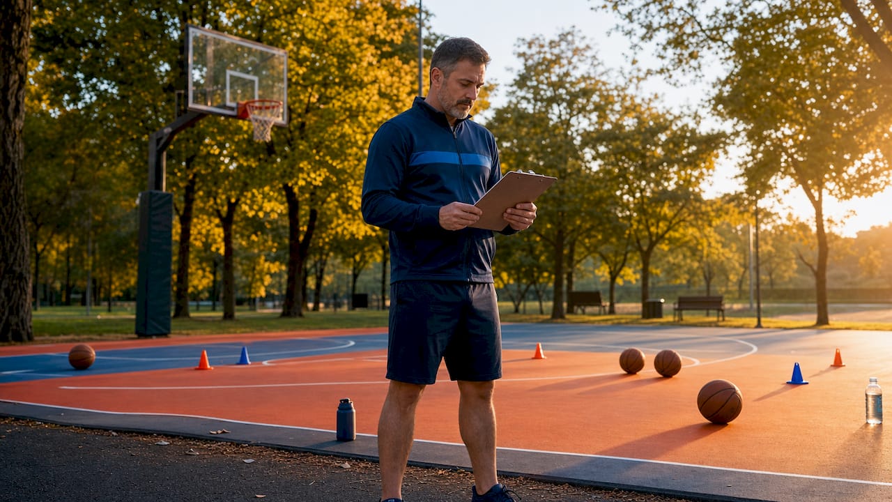 Basketball coach reviewing practice plan gym