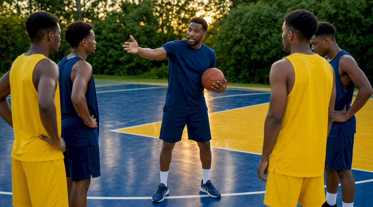 Coach directing basketball passing drill