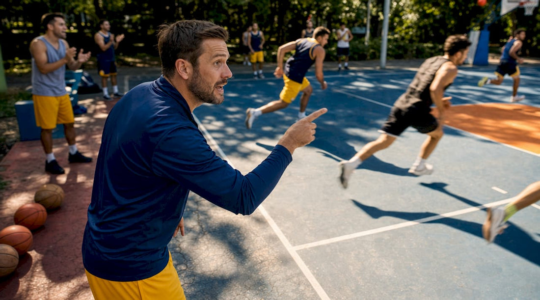 Basketball coach leading transition offense drill