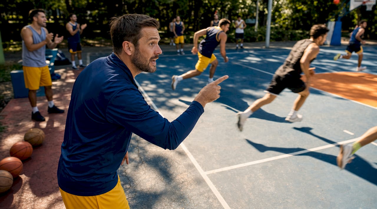 Basketball coach leading transition offense drill