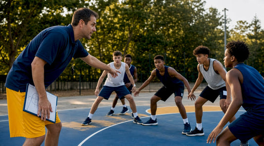 Basketball coach teaching ice defense drill