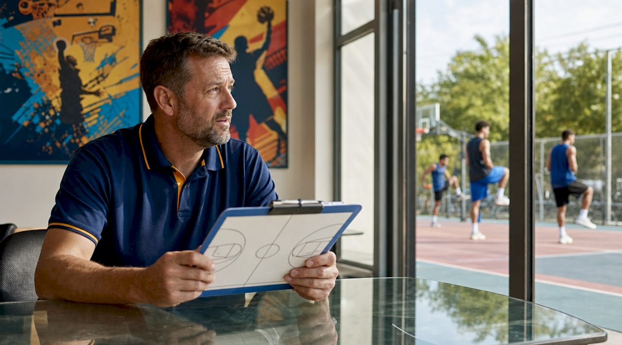 Basketball coach reviewing offensive tactics