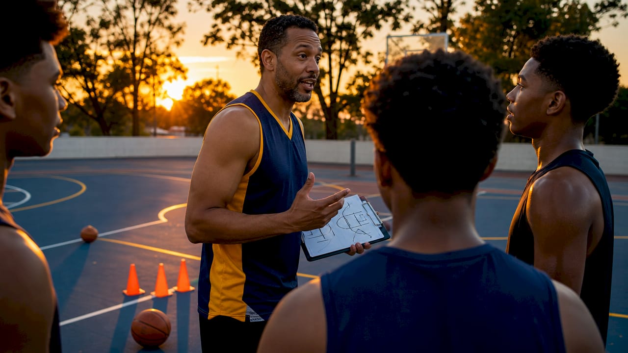 Coach explaining basketball offensive set on court