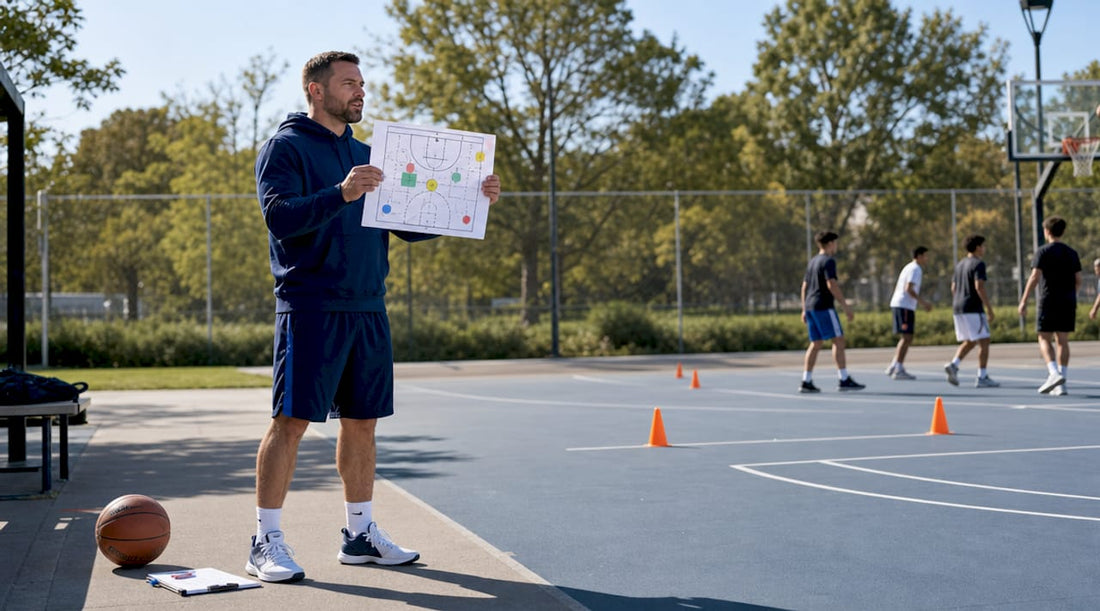 Coach reviewing zone defense play sheet on gym court
