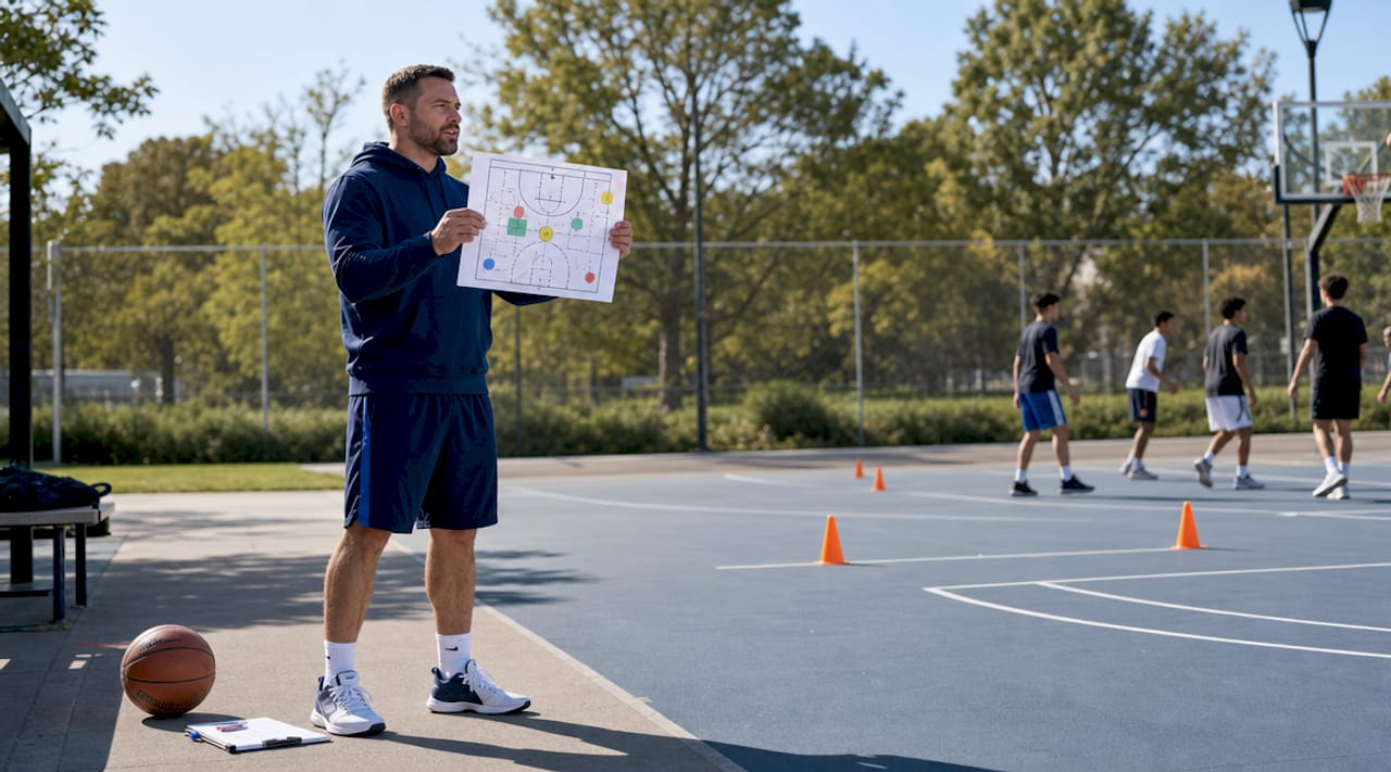 Coach reviewing zone defense play sheet on gym court