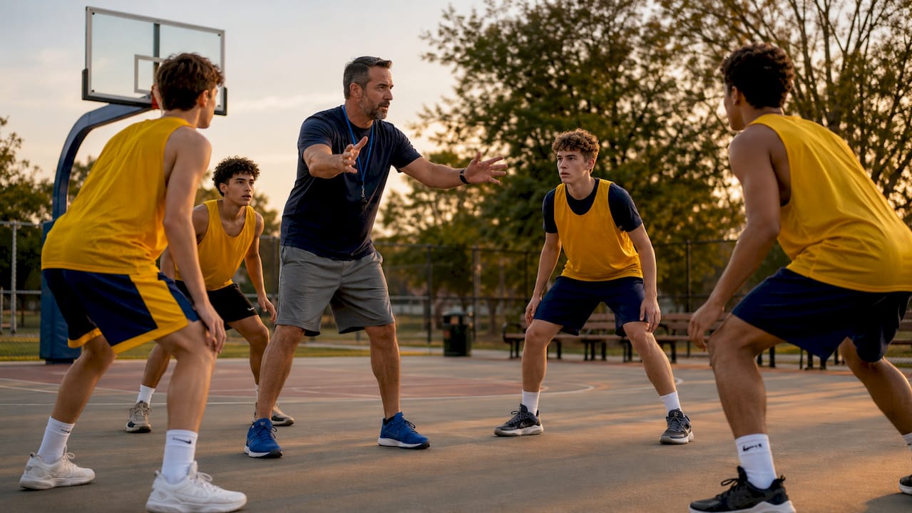Coach instructing basketball players in zone defense