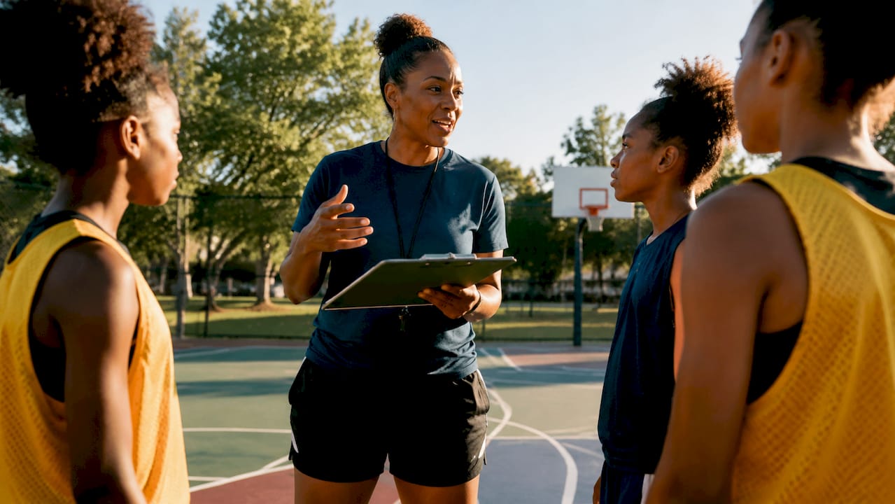 Coach giving feedback to athlete on court