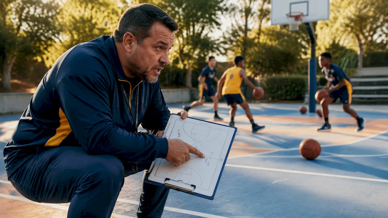 Basketball coach holding defensive play clipboard
