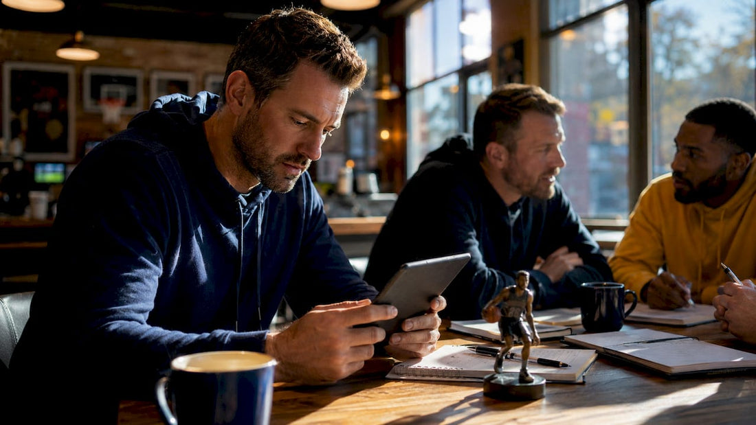 Basketball scout reviewing analytics data at desk