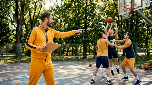 Coach directing offensive rebounding drills indoors