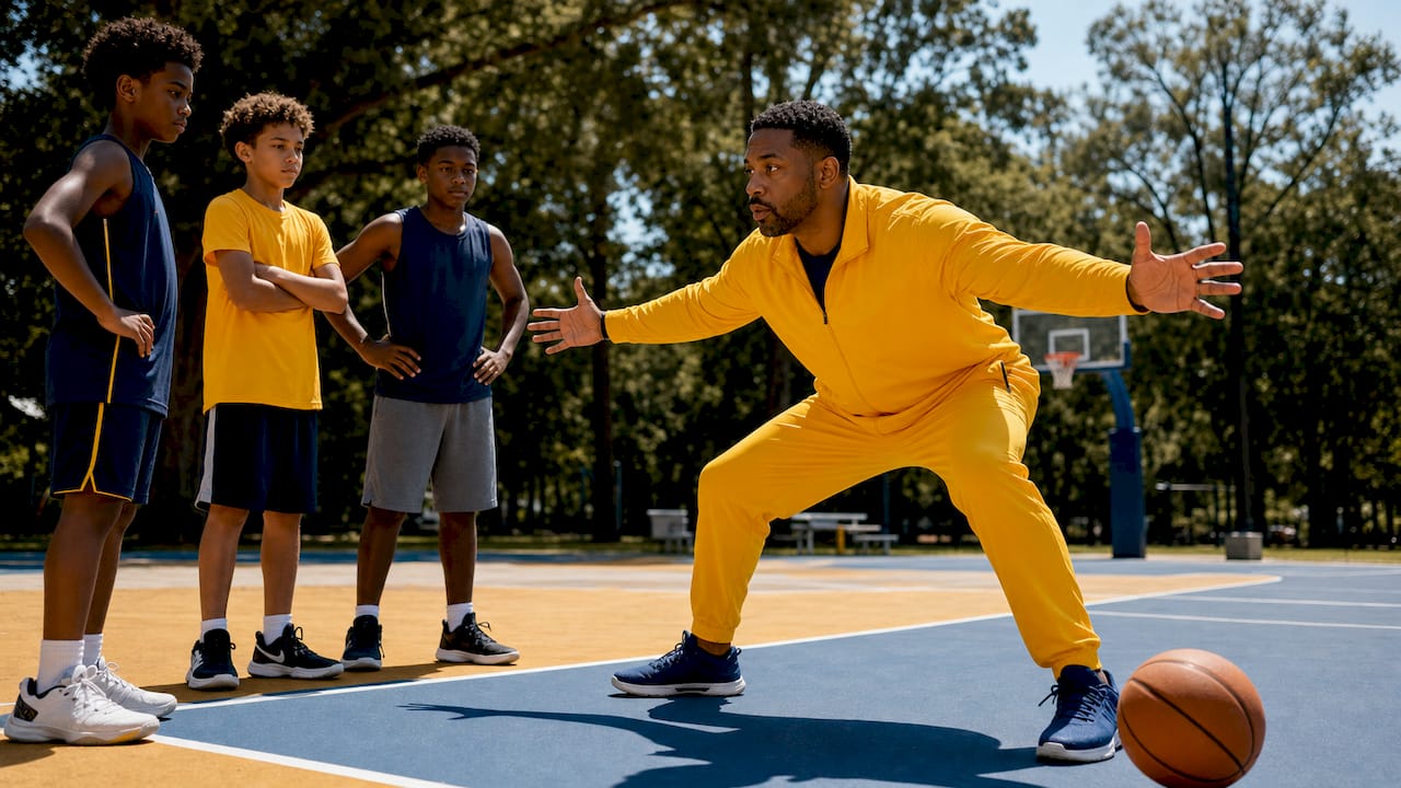 Coach demonstrating basketball defensive closeout stance