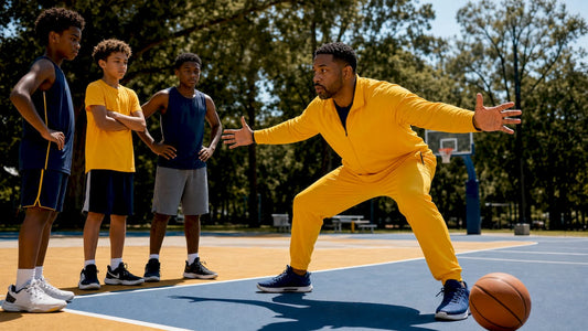Coach demonstrating basketball defensive closeout stance