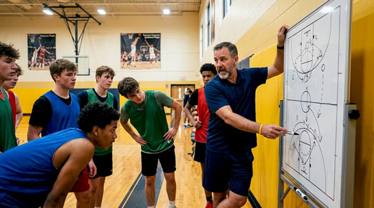 Coach explaining high-low offense to basketball players