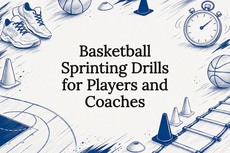 Decorative basketball sprinting drills title card illustration