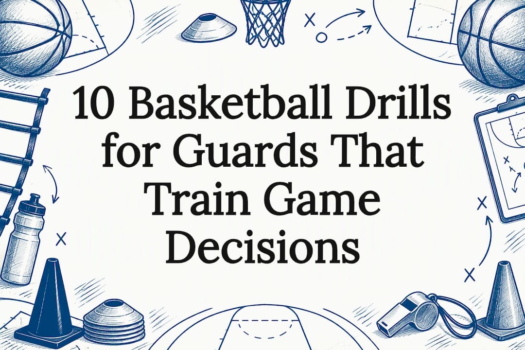 Basketball drill sketches framing the article title