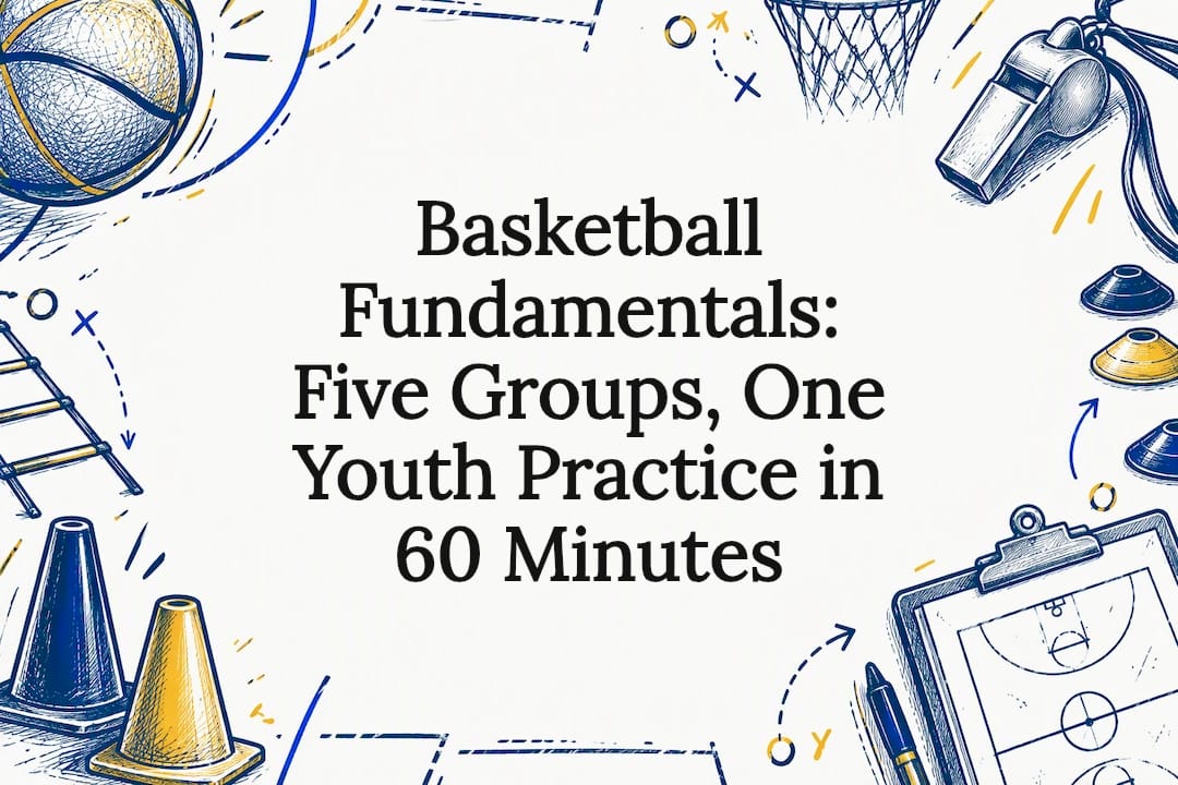 Basketball practice title card with sketched equipment