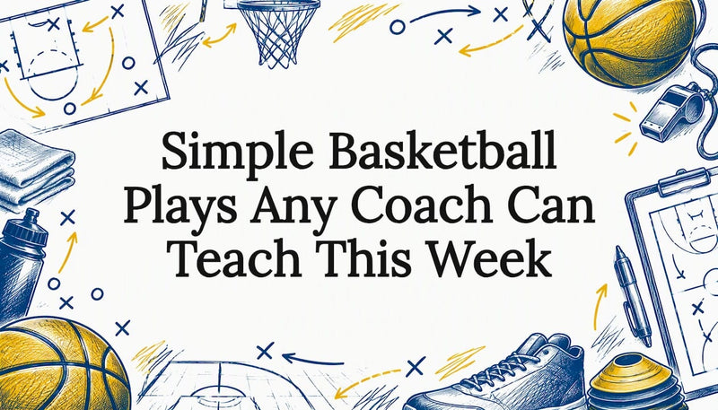 Basketball play sketches frame a clear title area